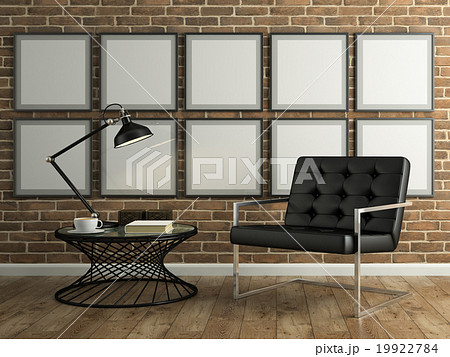 Part  interior with brick wall and black armchair  19922784