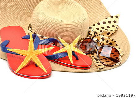 red flip flops with starfishes, sunglasses 19931197