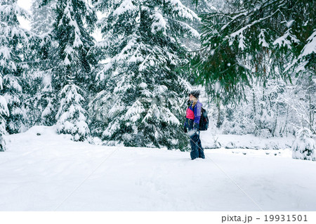 Winter travel girl with a backpack in forest Winter travel girl with a backpack in forest 19931501