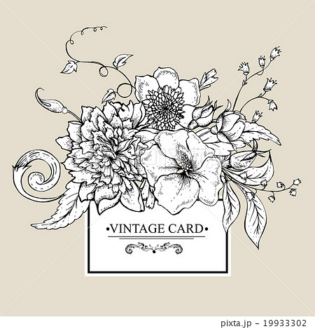 Monochrome Greeting Card With Blooming Peonyのイラスト素材