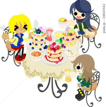 カフェで 美味しいパンケーキを食べる女の子3人のイラスト素材