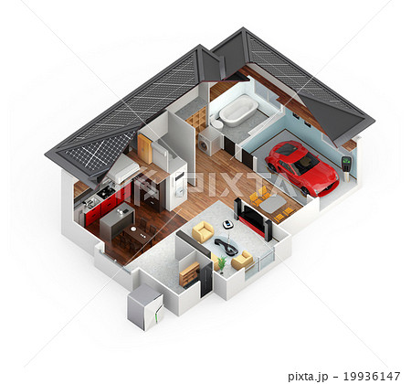 スマートホームのインテリア。省エネ家電製品によるエネルギー消費減と太陽光発電で売電できる 19936147