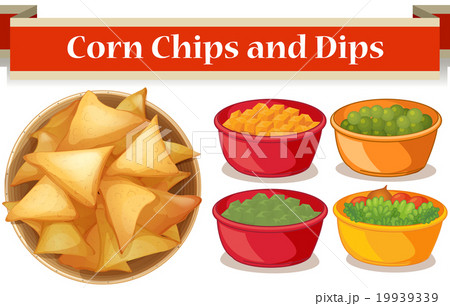 Corn chips and four kind of dips 19939339