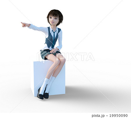 座って指差す女子学生　perming 3DCGイラスト素材 19950090