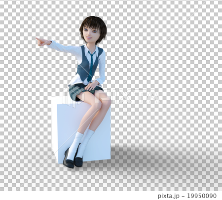 Female student sitting and pointing perming 3DCG illustration material 19950090