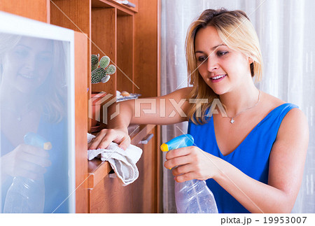 Girl dusting furniture indoors 19953007