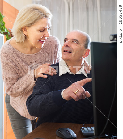 Senior couple using PC at home 19955459