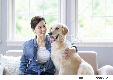 ソファに座る40代の女性と犬の写真素材