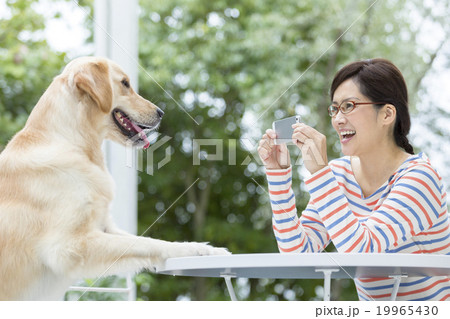 写真を撮る40代の女性と犬 19965430