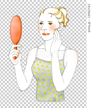 觀看鏡子微笑的婦女 19982581