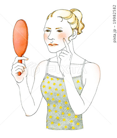 鏡を見る女性 茶髪 困惑 19982582