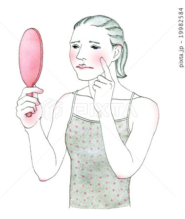 鏡を見る女性 黒髪 困惑 鏡を見る女性 黒髪 困惑 19982584