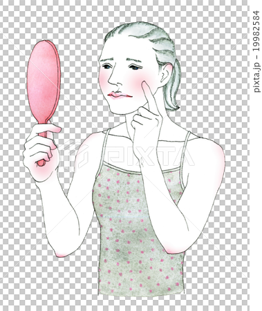 看鏡子黑髮難題的婦女 看鏡子黑髮難題的婦女 19982584