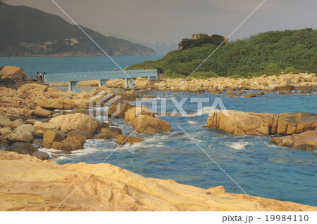 rocky sea coast and blurred water in shek o, 19984110