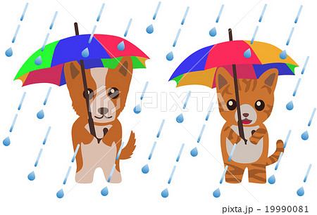 雨の日に傘をさす犬と猫のイラスト素材