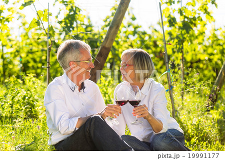 Seniors sitting in vineyard drinking red wine 19991177