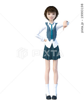 下を指差す女子学生　perming 3DCGイラスト素材 19993198