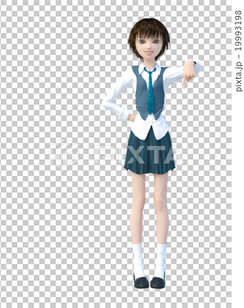 下を指差す女子学生　perming 3DCGイラスト素材 19993198