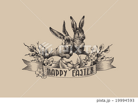 Vintage easter bunnies willow eggs illustration Vintage easter bunnies willow eggs illustration 19994593