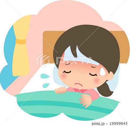 熱が出てベッドで寝ている若い女性のイラスト素材