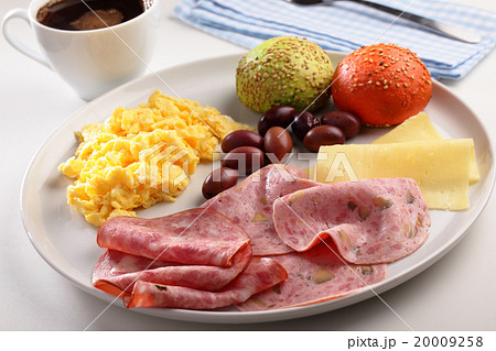 Breakfast with sausages, scrambled eggs, cheese, olives, coffee, and buns Breakfast with sausages, scrambled eggs, cheese, olives, coffee, and buns 20009258