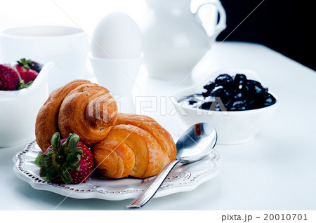 breakfast with eggs, fresh croissants,  20010701