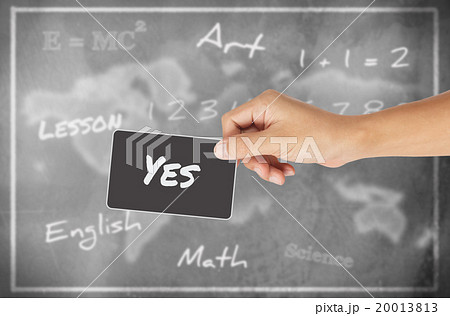 Hand holding card with word of "Yes" chalkboard background 20013813
