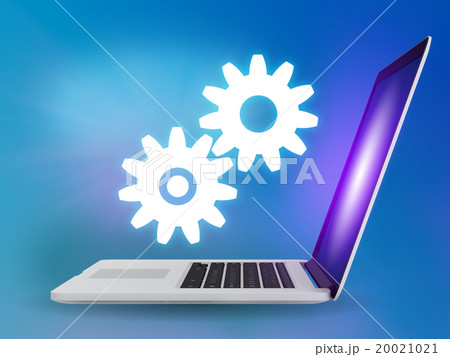 Laptop with gear wheels on a blue background 20021021