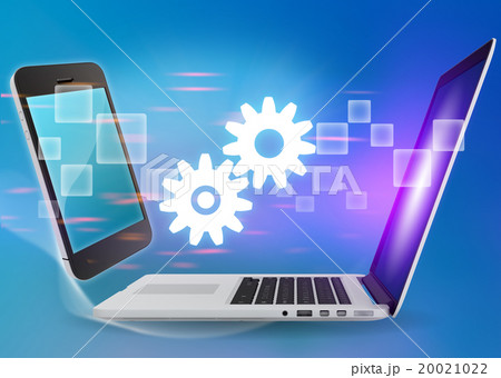 Laptop and phone with gear icon on a blue 20021022