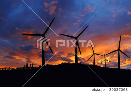 Silhouettes of Wind Turbines at Sunset 20027068