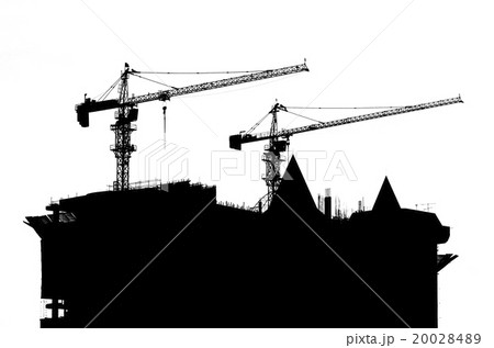 mobile crane lifting generator, silhouettes at sun 20028489