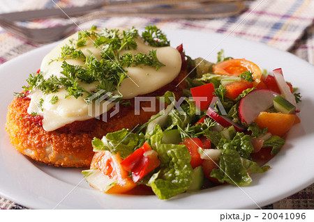 Chicken Parmigiana and fresh vegetable salad Chicken Parmigiana and fresh vegetable salad 20041096