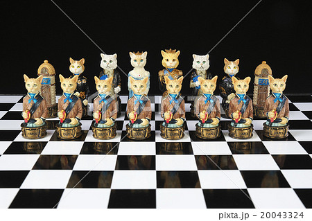 ネコとイヌのチェス駒の写真素材