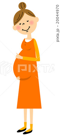 Pregnant Woman Cartoon - Pregnant woman in orange dress, happy