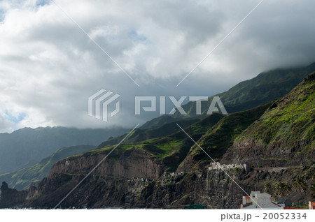 Cloud black rock stone coastline with houses 20052334