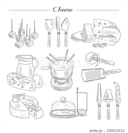Cheese and Cutting Tools. Sketch Vector 20053032