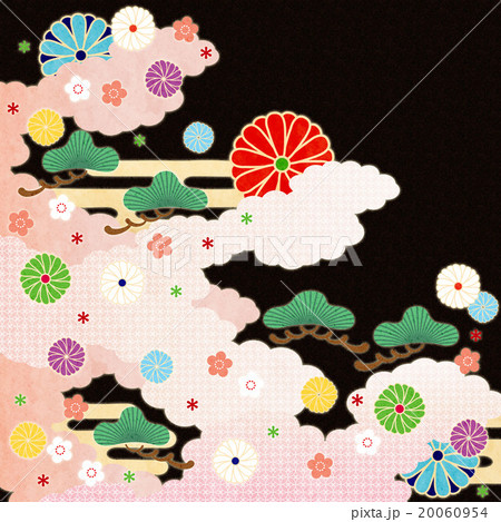背景素材 桃色雲に花と松 黒 のイラスト素材