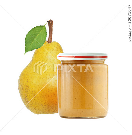 Jar of baby puree and yellow pear with leaf 20071047