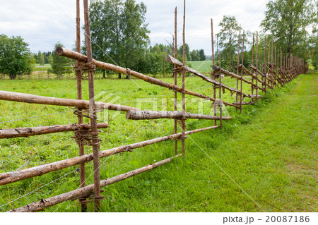 Old traditional wooden fence and meadow 20087186