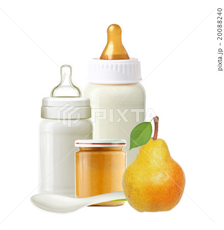 milk bottles, jar of baby puree, pear and spoon 20088240