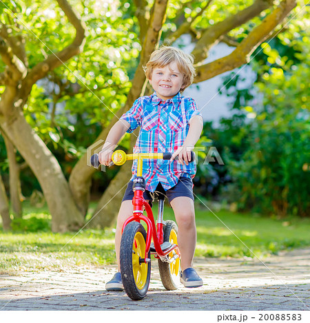 kid boy driving tricycle or bicycle in garden 20088583