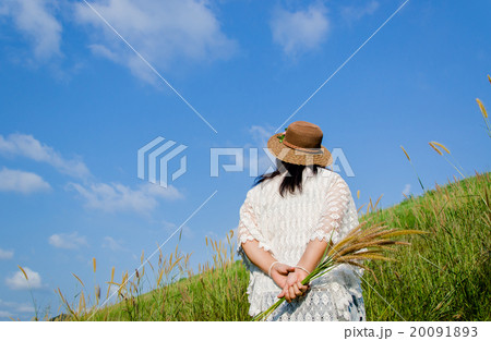 woman hand holding a grass flower in grass field  20091893