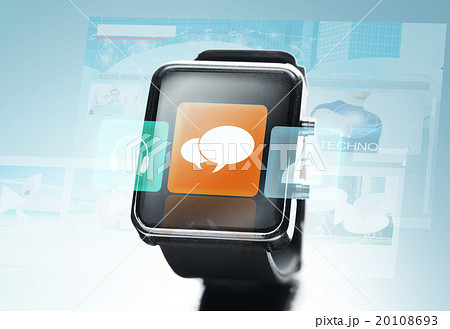 close up of black smart watch with messenger icon close up of black smart watch with messenger icon 20108693