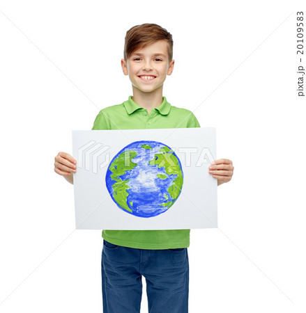 happy boy holding drawing or picture of earth 20109583