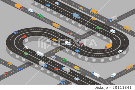 高速道路と様々な自動車 イメージイラストのイラスト素材