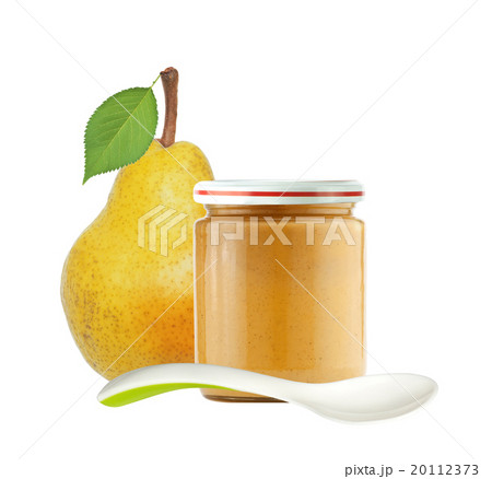 Jar of baby puree and fresh yellow pear with leaf 20112373
