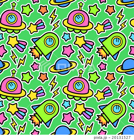 ポップでかわいい 宇宙 Ufo ロケット 惑星 柄シームレス 繋がる 繰り返し パターン 緑色のイラスト素材