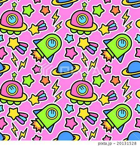 ポップでかわいい 宇宙 Ufo ロケット 惑星 柄シームレス 繋がる 繰り返し パターン ピンクのイラスト素材