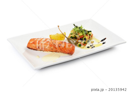 Salmon fillet with vegetable ratatouille isolated 20135942