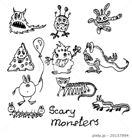 Hand drawn ink black and white cartoon monsters  20137994